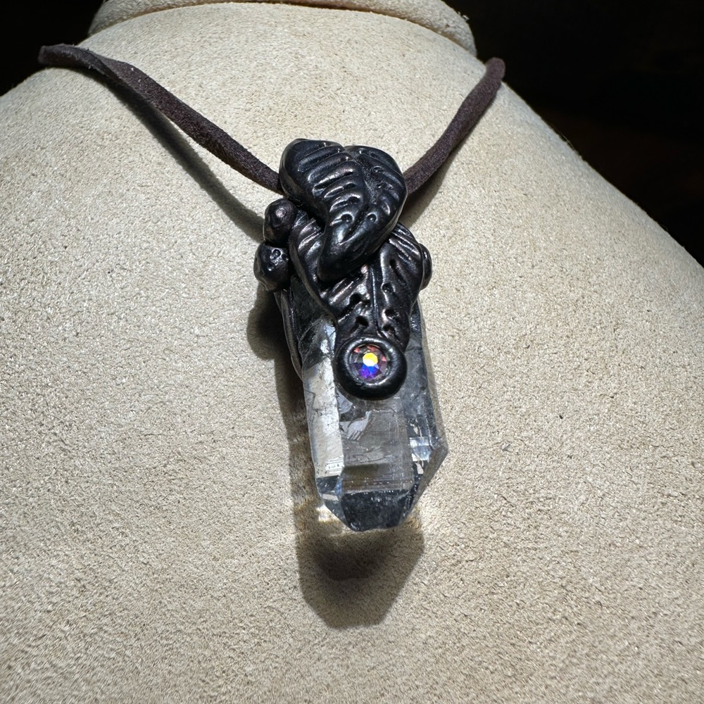 Handmade Clear Quartz Point and Sculpted Polymer Necklace